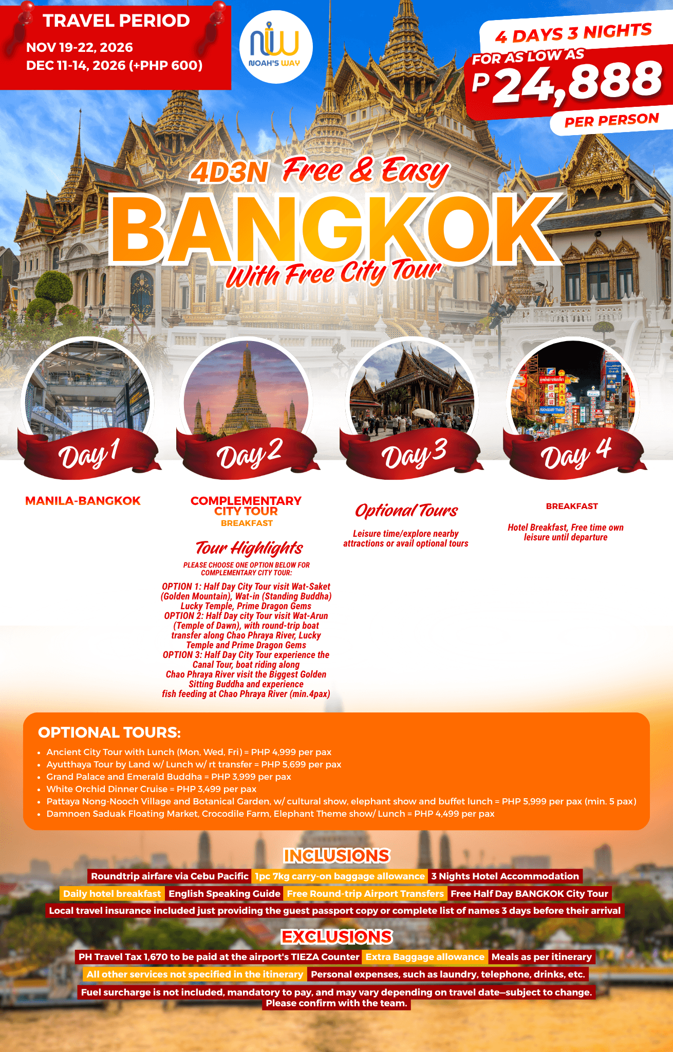 Free & Easy Bangkok tour poster: the Grand Palace under a blue sky, with day-by-day panels showing the airport, Wat Arun, a temple courtyard and Chinatown at night, priced from PHP 24,888 per person.