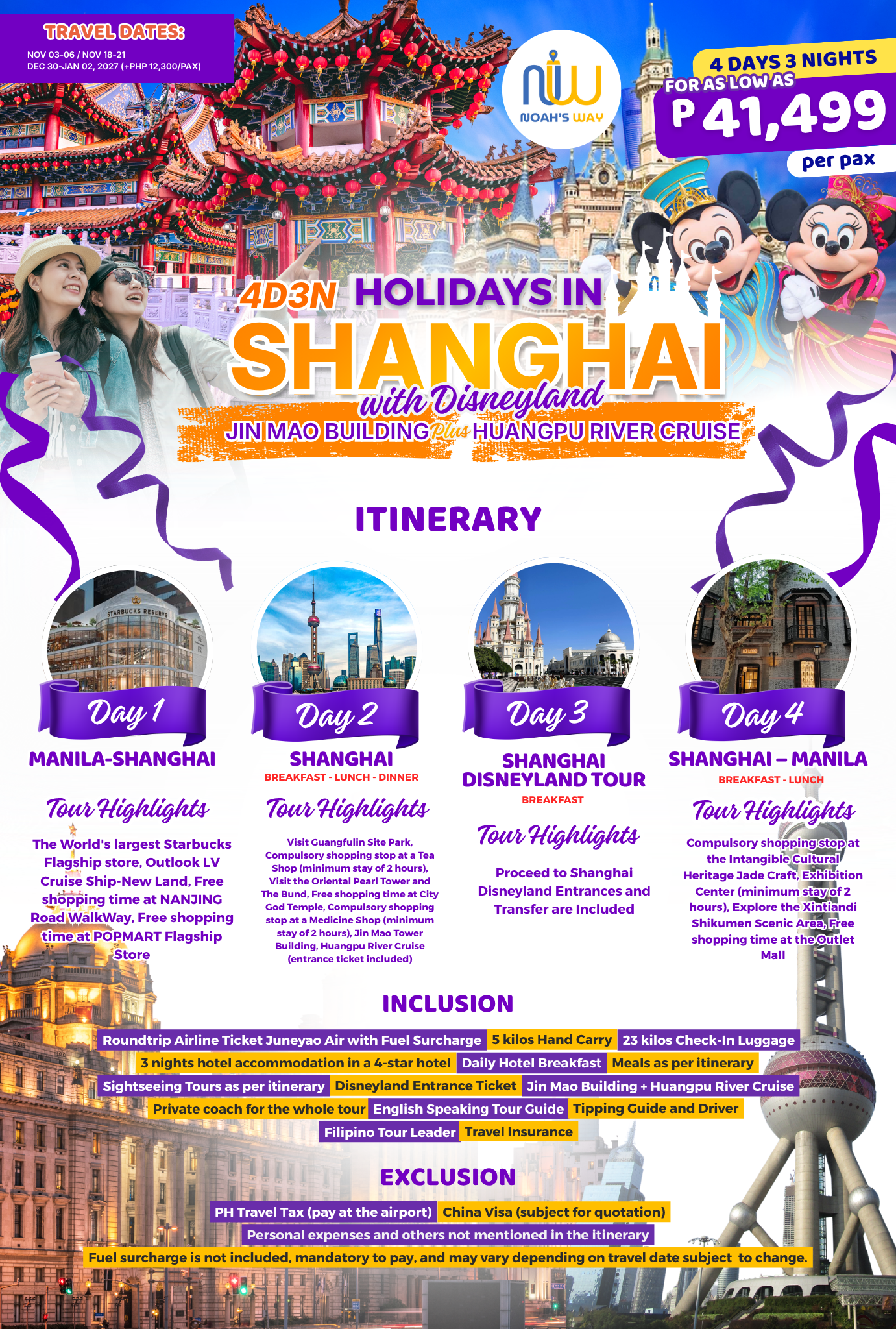 Holidays in Shanghai with Disneyland tour poster: a red Chinese temple, the Disneyland castle with Mickey and Minnie, two travellers, and day panels of the Starbucks Reserve Roastery, the Pudong skyline and Xintiandi, priced from PHP 41,499 per pax.