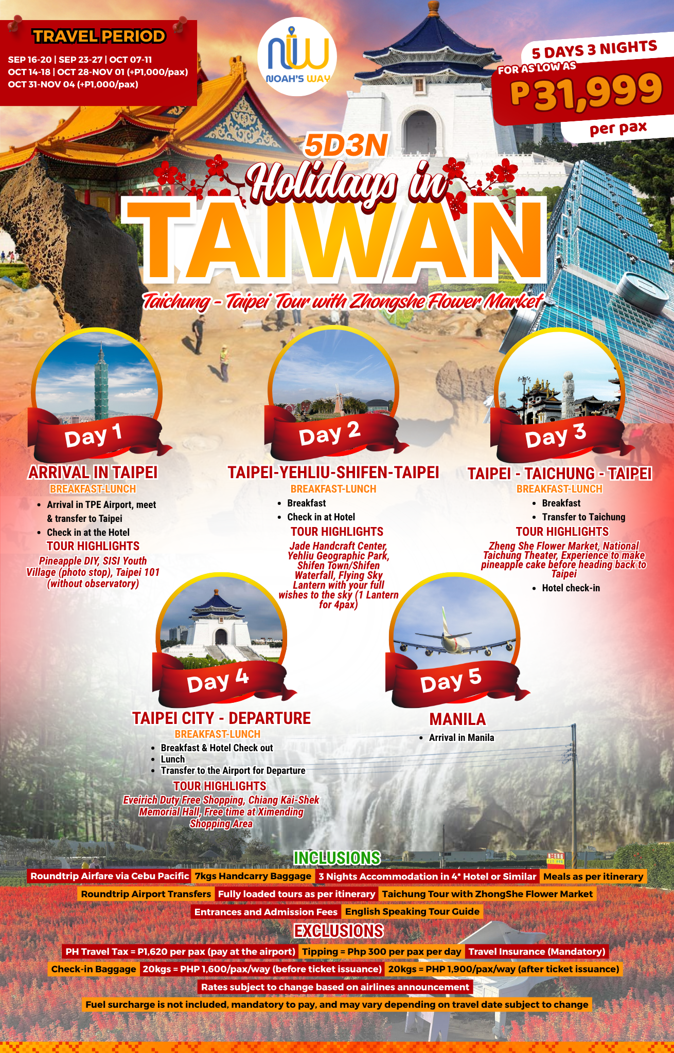 Holidays in Taiwan tour poster: Chiang Kai-shek Memorial Hall, Taipei 101 and the Yehliu Queen's Head rock, with day panels of a windmill park, a temple and an airplane over red flower fields, priced from PHP 31,999 per pax.