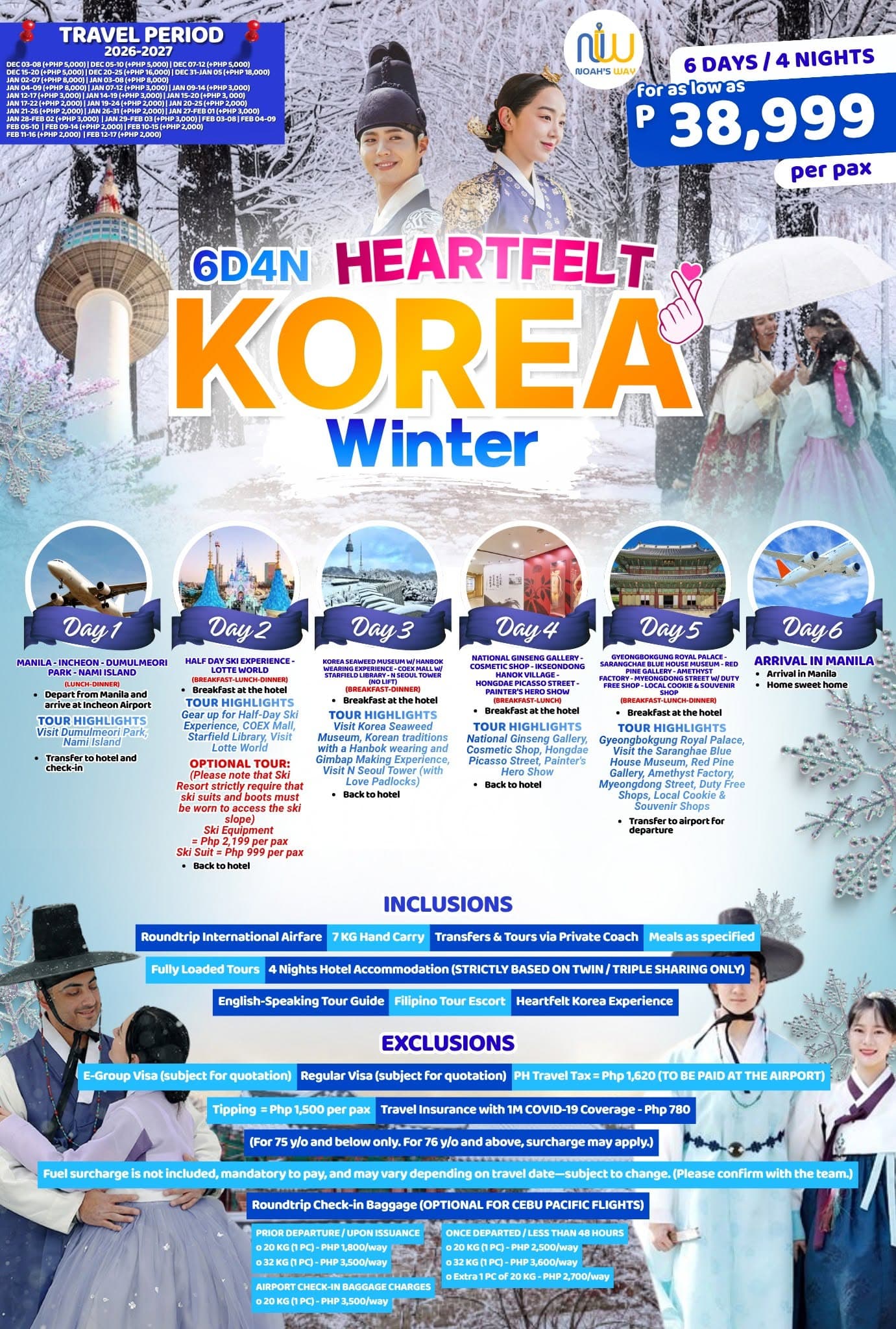 Heartfelt Korea Winter tour poster: a couple in traditional hanbok among snow-covered trees, N Seoul Tower, and day-by-day itinerary panels with the 6 days / 4 nights price of PHP 38,999.