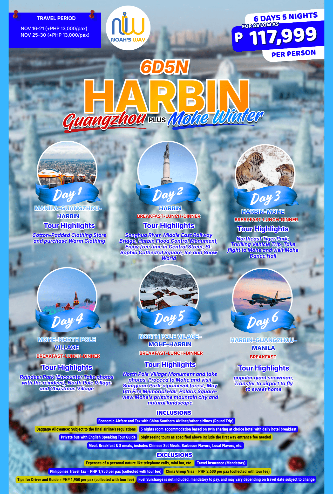 Harbin, Guangzhou and Mohe winter tour poster: the Harbin Ice and Snow World ice castles, with day panels of a Guangzhou cable car, the Flood Control Monument, Siberian tigers, North Pole Village and snow-covered cabins, priced from PHP 117,999 per person.