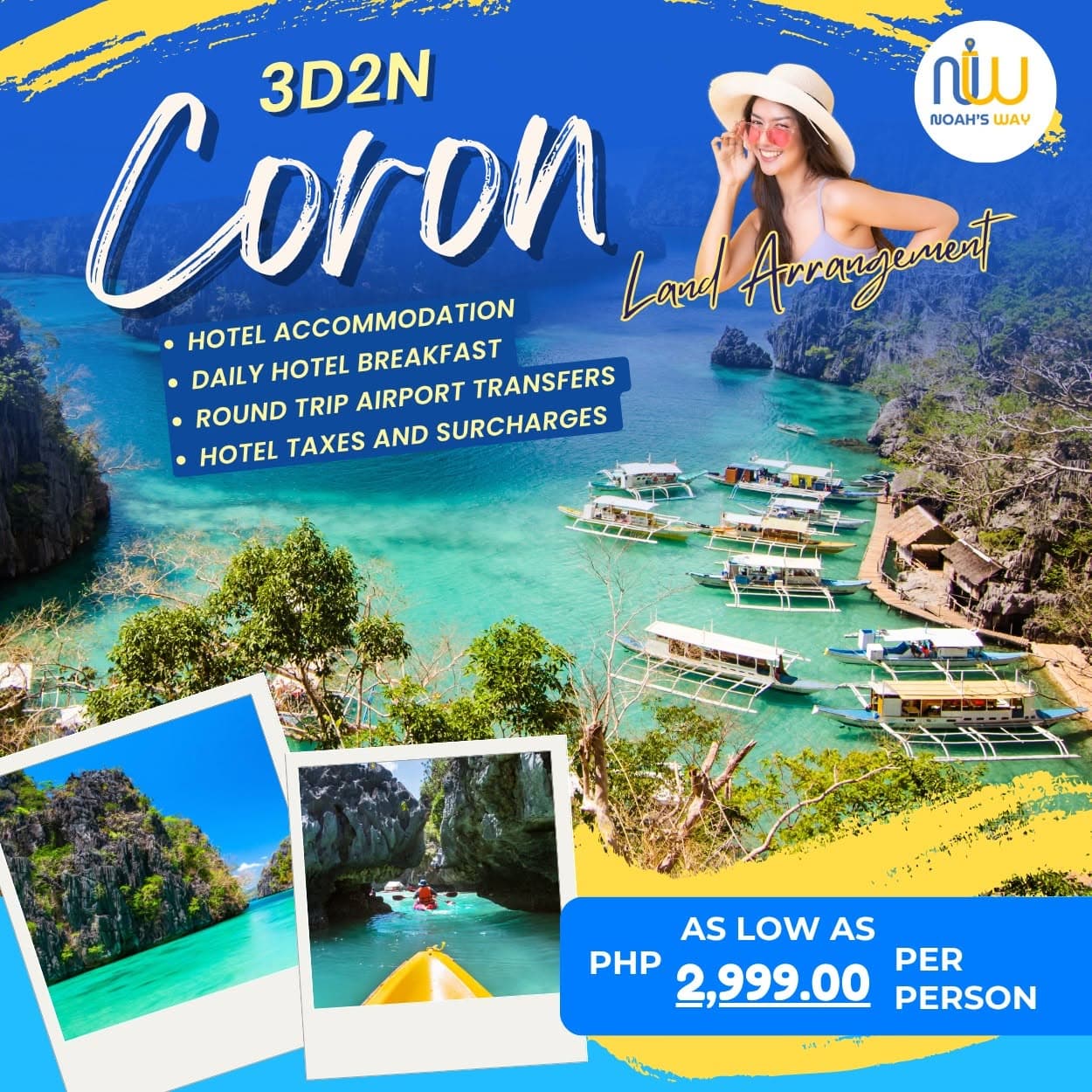 Aerial view of turquoise lagoons and limestone cliffs in Coron with docked outrigger boats, plus inset photos of a kayaker in a rock cove and a woman in a sunhat enjoying the coastline.